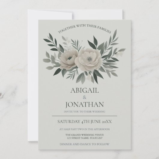 Elegante olijf en salie groene bloemenbruiloft kaart (Voorkant)