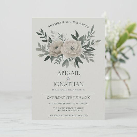 Elegante olijf en salie groene bloemenbruiloft kaart (Staand voorkant)