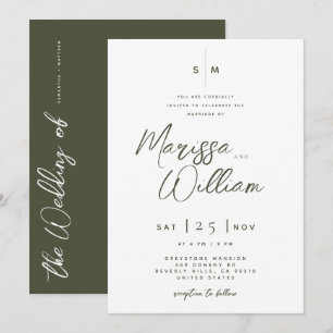 Elegante olijf- en witte moderne script huwelijks- kaart