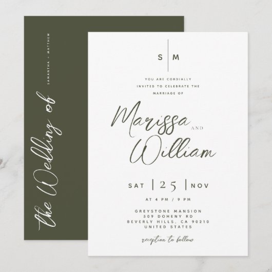 Elegante olijf- en witte moderne script huwelijks- kaart (Voorkant / Achterkant)