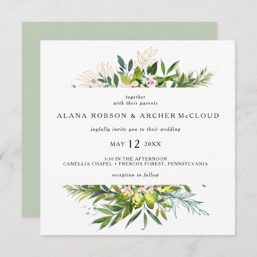 Elegante Olijf groen Vierkant bruiloft uitnodiging (Voorkant / Achterkant)