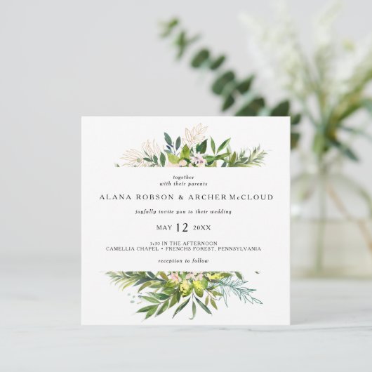 Elegante Olijf groen Vierkant bruiloft uitnodiging (Staand voorkant)