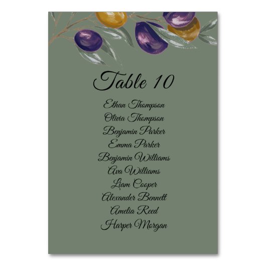 Elegante Olijf Groene Bruiloft Tafel Kaart met Nam (Voorkant)