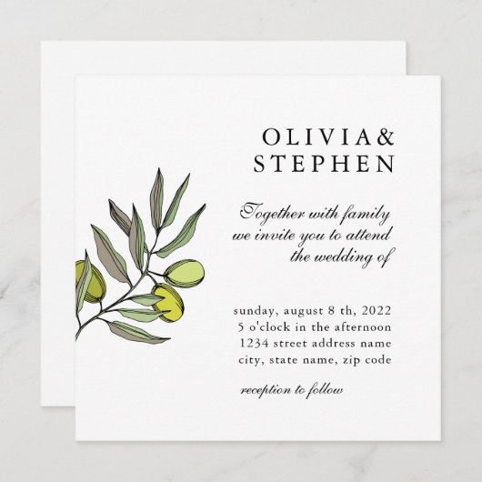 Elegante olijf. Traditionele klassieke bruiloft Kaart (Voorkant / Achterkant)