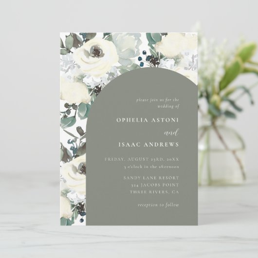 Elegante Olijf Waterverf Ivoor Bloemenboog bruilof Kaart (Staand voorkant)