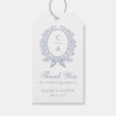 Elegante Olijfblad Crest Blauwe Trouw Monogram Cadeaulabel (Voorkant)