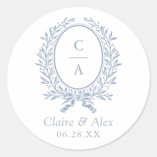 Elegante Olijfblad Crest Blauwe Trouw Monogram Ronde Sticker (Voorkant)