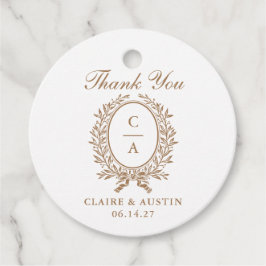 Elegante Olijfblad Crest Gouden Trouw Monogram Bedankjes Labels