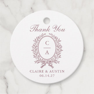 Elegante Olijfblad Crest Mauve Trouw Monogram Bedankjes Labels