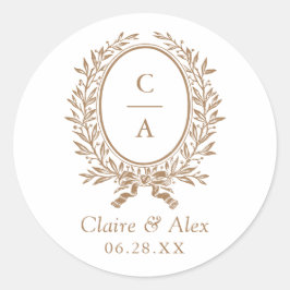 Elegante Olijfblad Wapen Gouden Trouw Monogram Ronde Sticker