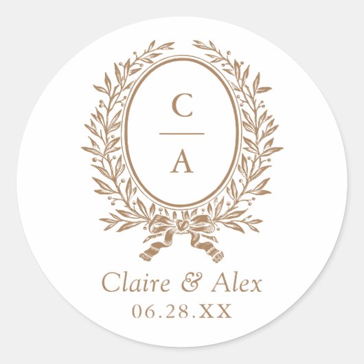 Elegante Olijfblad Wapen Gouden Trouw Monogram Ronde Sticker (Voorkant)
