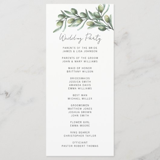 Elegante olijfbladeren. Garden italiaanse bruiloft Programmakaart (Achterkant)