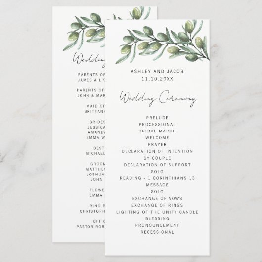 Elegante olijfbladeren. Garden italiaanse bruiloft Programmakaart (Voorkant / Achterkant)