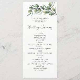 Elegante olijfbladeren. Garden italiaanse bruiloft Programmakaart