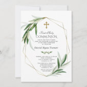 Elegante olijfbladeren Gouden Jongen Eerste Heilig Kaart (Voorkant)