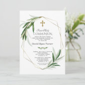 Elegante olijfbladeren Gouden Jongen Eerste Heilig Kaart (Staand voorkant)