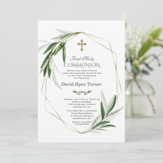 Elegante olijfbladeren Gouden Jongen Eerste Heilig Kaart (Staand voorkant)