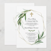 Elegante olijfbladeren Gouden Jongen Eerste Heilig Kaart (Voorkant / Achterkant)