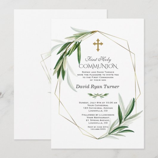 Elegante olijfbladeren Gouden Jongen Eerste Heilig Kaart (Voorkant / Achterkant)