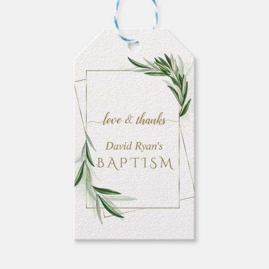 Elegante olijfbladeren Gouden Jongensdoop Cadeaulabel (Voorkant)