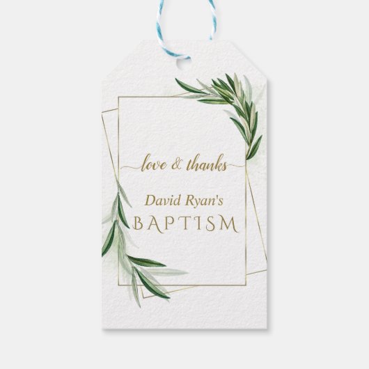 Elegante olijfbladeren Gouden Jongensdoop    Cadeaulabel (Achterkant)