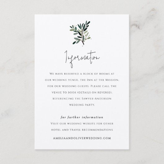 Elegante Olijfboomtak bruiloft Informatiekaartje (Voorkant)