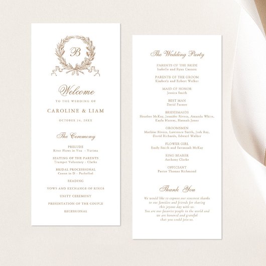 Elegante Olijfeik krans gouden bruiloft Programmakaart