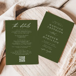 Elegante Olijfgroen Alles In Een QR Code Bruiloft Kaart<br><div class="desc">Elegante, all-in-one bruiloft uitnodigingen met uw namen en bruiloft ceremonie informatie op de voorkant in witte letters met een olijfgroene achtergrond. Een modern kalligrafie script maakt de look van deze chique olijfgroene bruiloft uitnodiging compleet. Personaliseer de achterkant van de kalligrafie bruiloft uitnodigingen met bruiloft details zoals receptie informatie, hotel accommodaties,...</div>