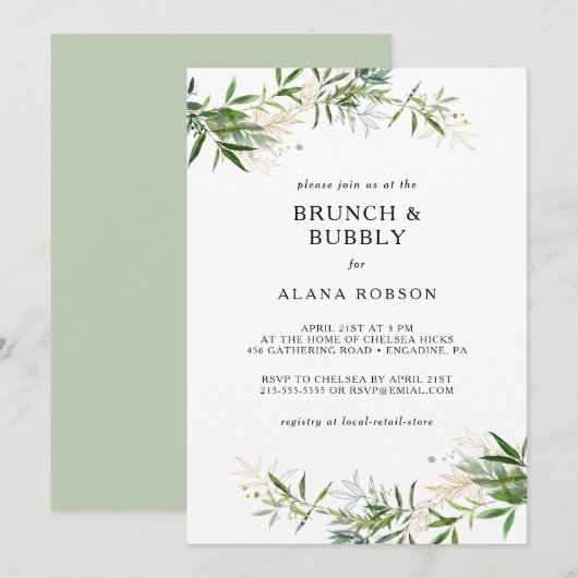 Elegante Olijfgroen Brunch en Bubble Shower In Kaart (Voorkant / Achterkant)
