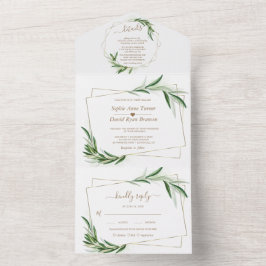 Elegante Olijfgroen Goud Bruiloft  All In One Uitnodiging
