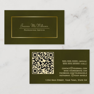 Elegante Olijfgroen & Goud Professionele QR Code Visitekaartje
