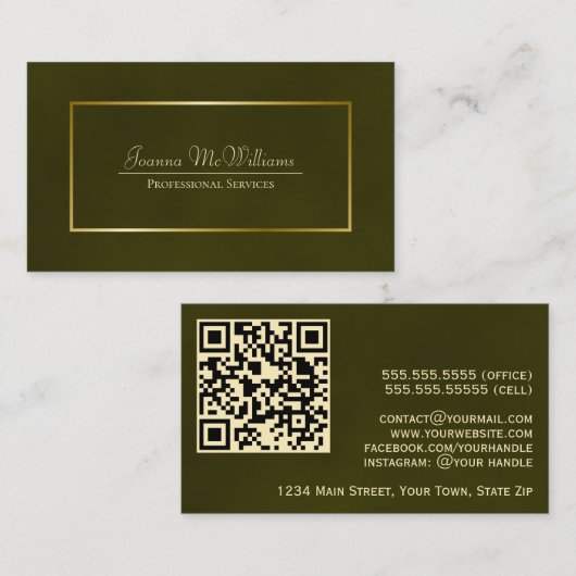 Elegante Olijfgroen & Goud Professionele QR Code Visitekaartje (Voorkant / Achterkant)