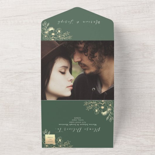 Elegante Olijfgroen Gouden bruiloft All In One Uitnodiging (Buitenkant)