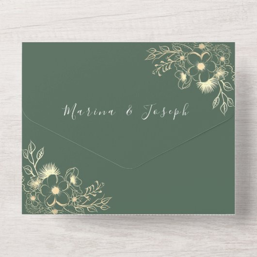 Elegante Olijfgroen Gouden bruiloft All In One Uitnodiging (Achterkant)