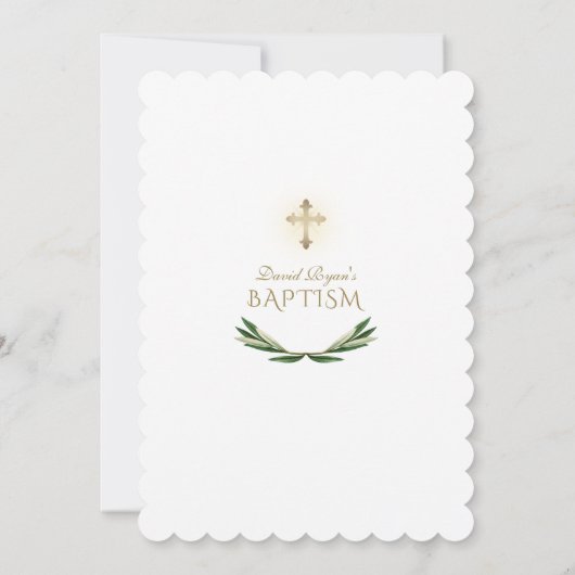 Elegante Olijfgroen Gouden Kruis Doop Kaart (Achterkant)