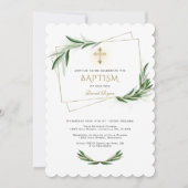 Elegante Olijfgroen Gouden Kruis Doop Kaart (Voorkant)