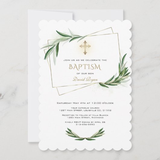 Elegante Olijfgroen Gouden Kruis Doop Kaart (Voorkant)