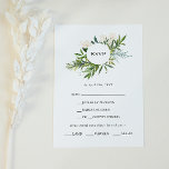 Elegante Olijfgroen Menu Keuze RSVP-kaart<br><div class="desc">Deze elegante olijfgroene menukeuze RSVP-kaart is perfect voor uw moderne zomer boho bruiloft. Het is ontworpen met waterverf smaragdgroene en salie-gekleurde bladeren,  aanrakingen van botanisch goud,  blush roze olijfbloemen en eenvoudige zwarte  typografie. Al deze elementen combineren voor een mooi bohemien gevoel.</div>
