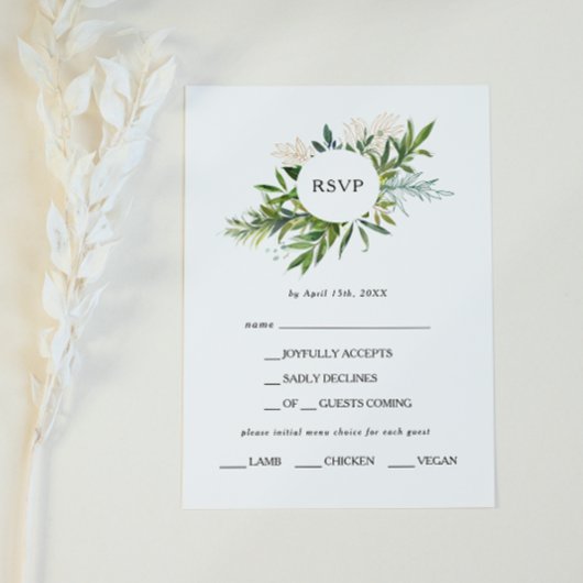Elegante Olijfgroen Menu Keuze RSVP-kaart