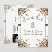 Elegante Olijfgroen & Witte Bloemen Bewaar de Datu Aankondigingskaart (Voorkant / Achterkant)