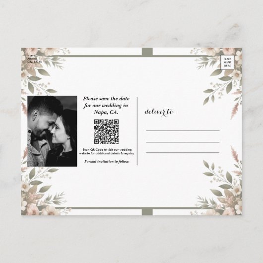 Elegante Olijfgroen & Witte Bloemen Bewaar de Datu Aankondigingskaart (Achterkant)