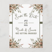 Elegante Olijfgroen & Witte Bloemen Bewaar de Datu Aankondigingskaart (Voorkant)