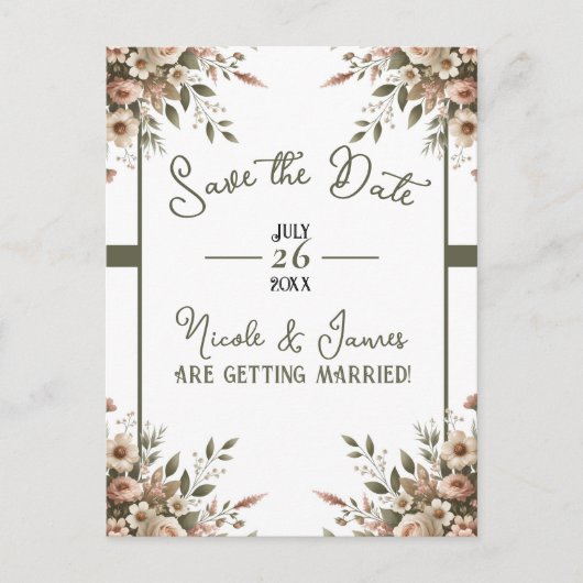 Elegante Olijfgroen & Witte Bloemen Bewaar de Datu Aankondigingskaart (Voorkant)