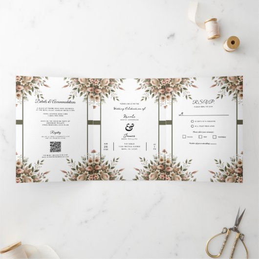 Elegante Olijfgroen & Witte Bloemen Hoek Trouwen Drieluik Uitnodiging (Binnen)