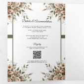 Elegante Olijfgroen & Witte Bloemen Hoek Trouwen Drieluik Uitnodiging (Binnenzijde eerst)