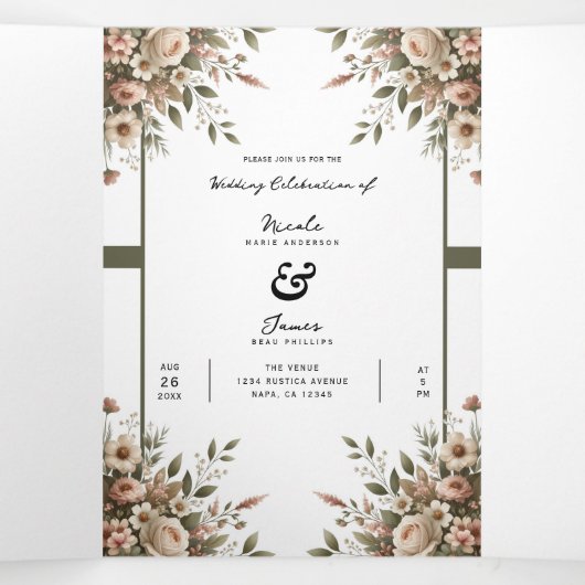 Elegante Olijfgroen & Witte Bloemen Hoek Trouwen Drieluik Uitnodiging (Binnenkant midden)