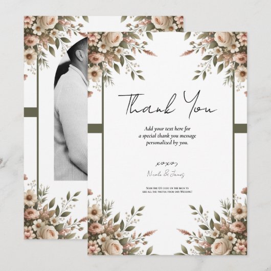 Elegante Olijfgroen & Witte Bloemen Hoek Trouwen Kaart (Voorkant / Achterkant)