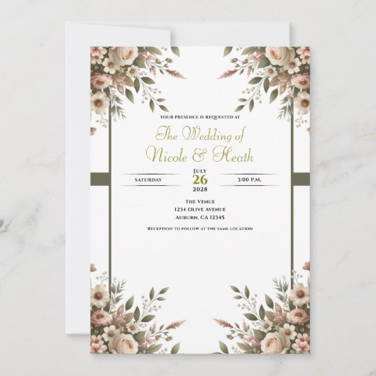 Elegante Olijfgroen & Witte Bloemen Hoek Trouwen Kaart (Voorkant)