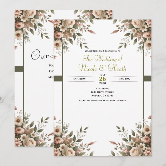 Elegante Olijfgroen & Witte Bloemen Hoek Trouwen Kaart (Voorkant / Achterkant)