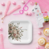 Elegante Olijfgroen & Witte Bloemen Hoek Trouwen Papieren Bordje (Feest)